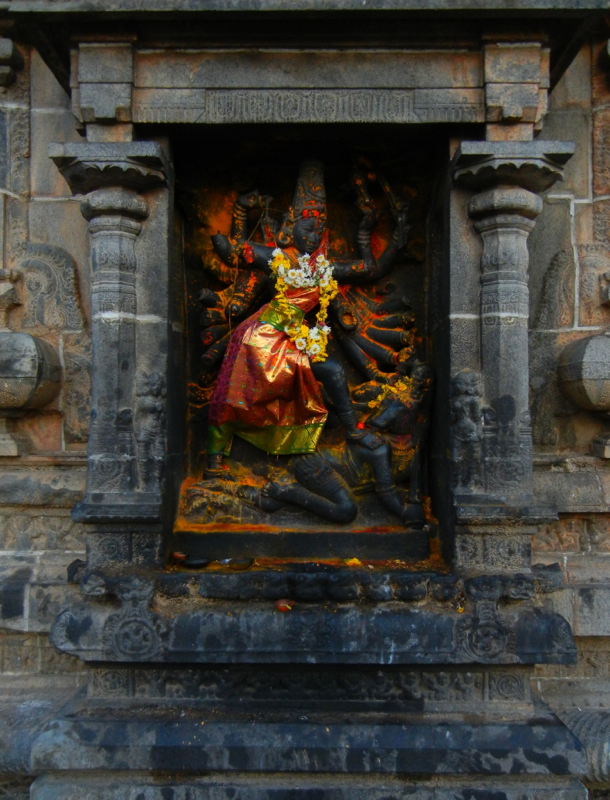 When you walk in through the East Gopuram of the great Nataraja Temple of Chidambaram, and turn immediately to the right, you will see this shrine to Durga as Mahishasuramardini, the Slayer of the Buffalo Demon tucked into the wall. She is constantly tended to, even though she has her own separate shrine elsewhere on the temple grounds. Whenever I first pass through, I say hello to her before I proceed into the temple!